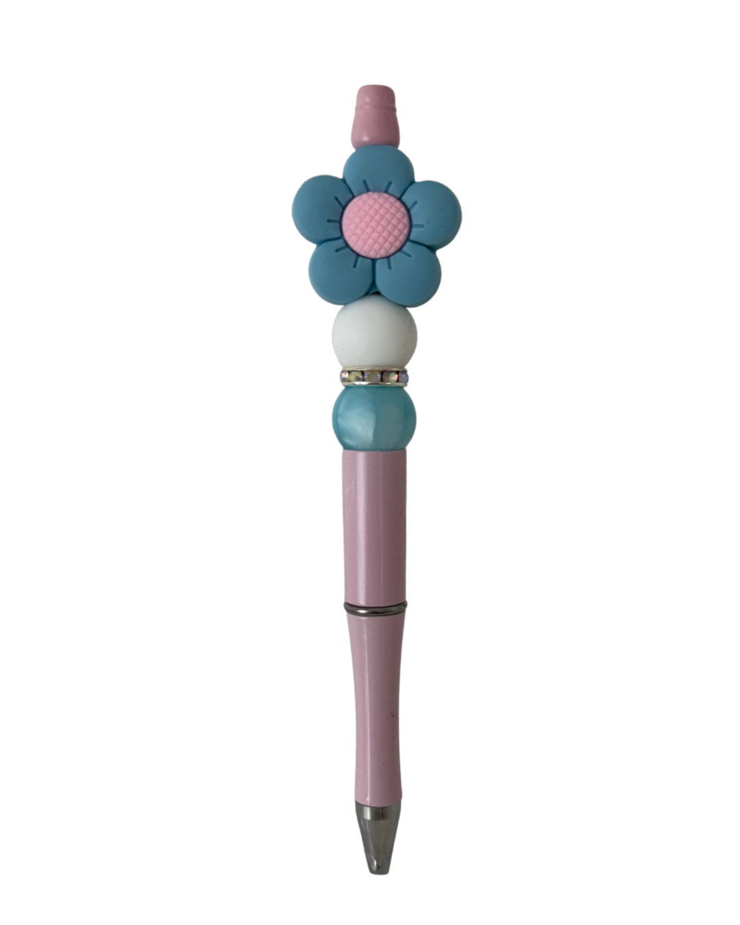 Blue and pink flower beaded pen