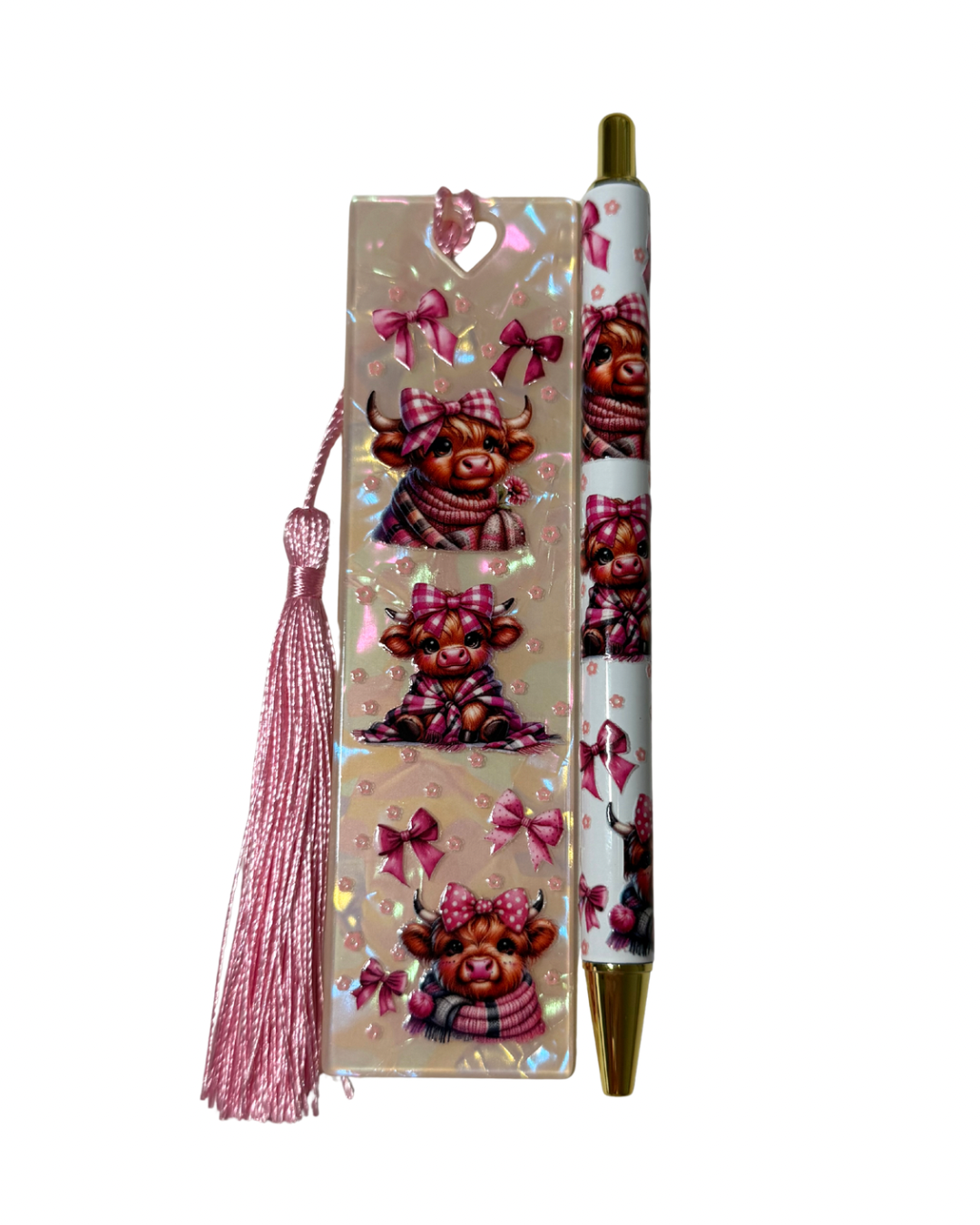 Pink bows highland cow pen and bookmark bundle