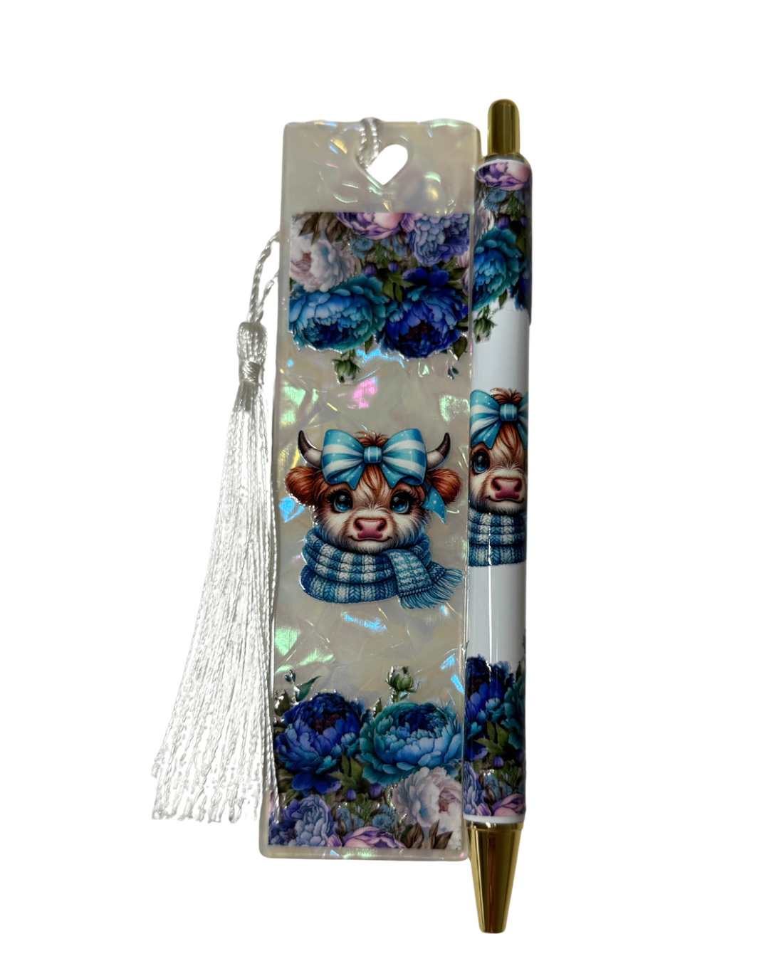 Blue highland cow pen and bookmark bundle
