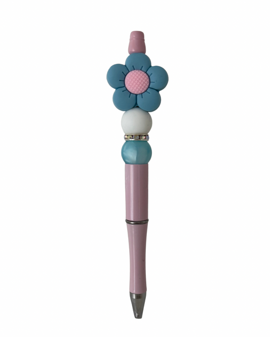 Blue and pink flower beaded pen
