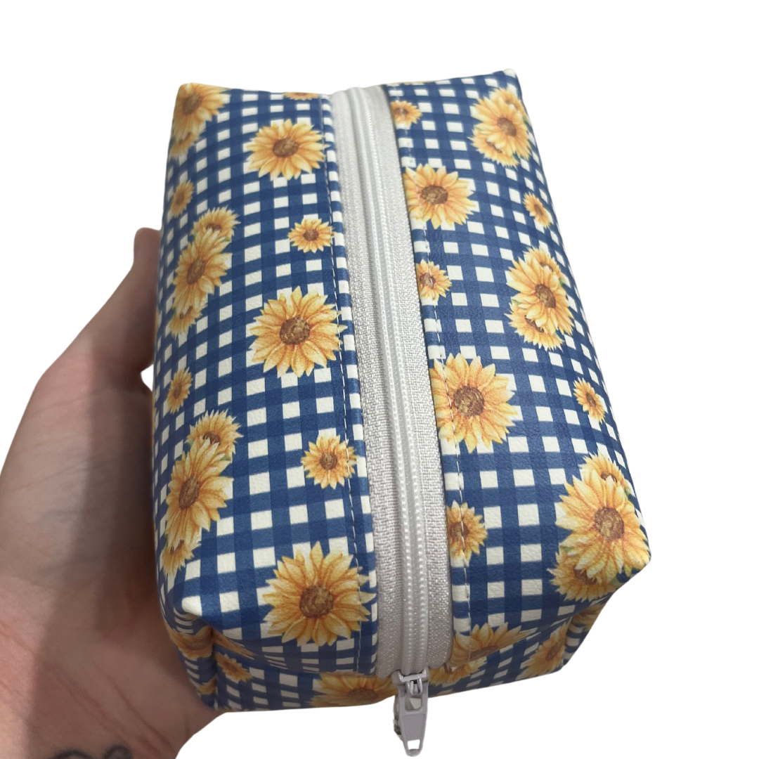 Blue Gingham Sunflower Faux Leather Mini Boxy Bag