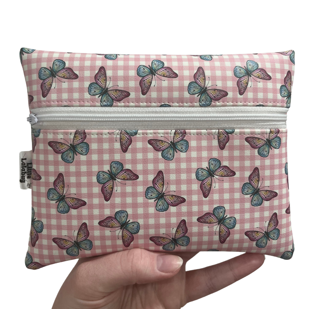 Pink Gingham Butterfly Faux Leather Pouch Small