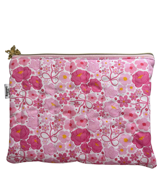Pink Floral Bows Large Quilted Pouch