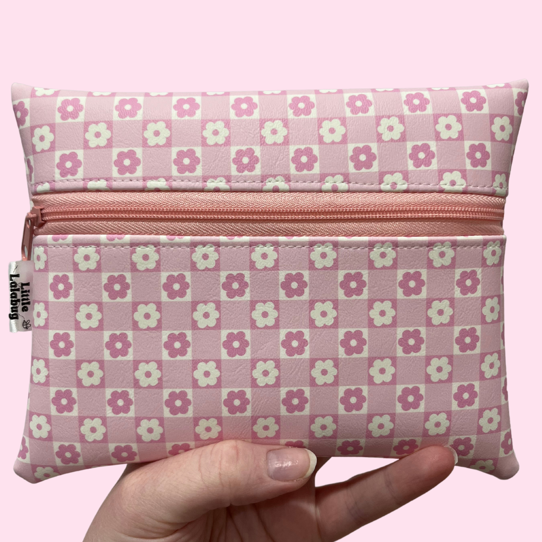 Pink Checker Daisy Faux Leather Pouch Small