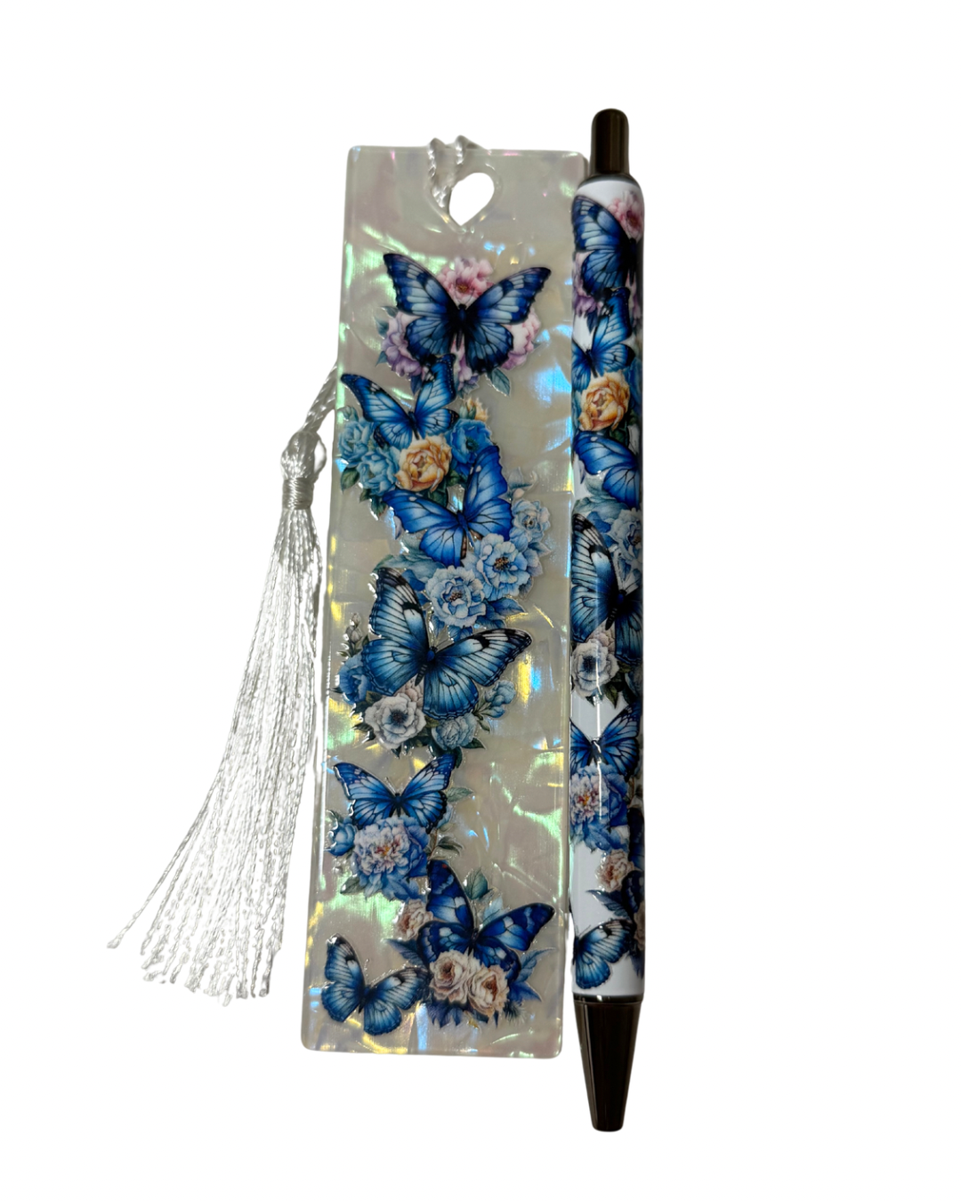 Blue butterflies pen and bookmark bundle