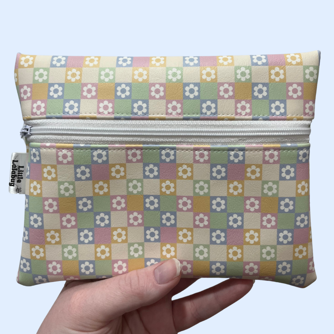 Pastel Checkered Flower Faux Leather Pouch Small