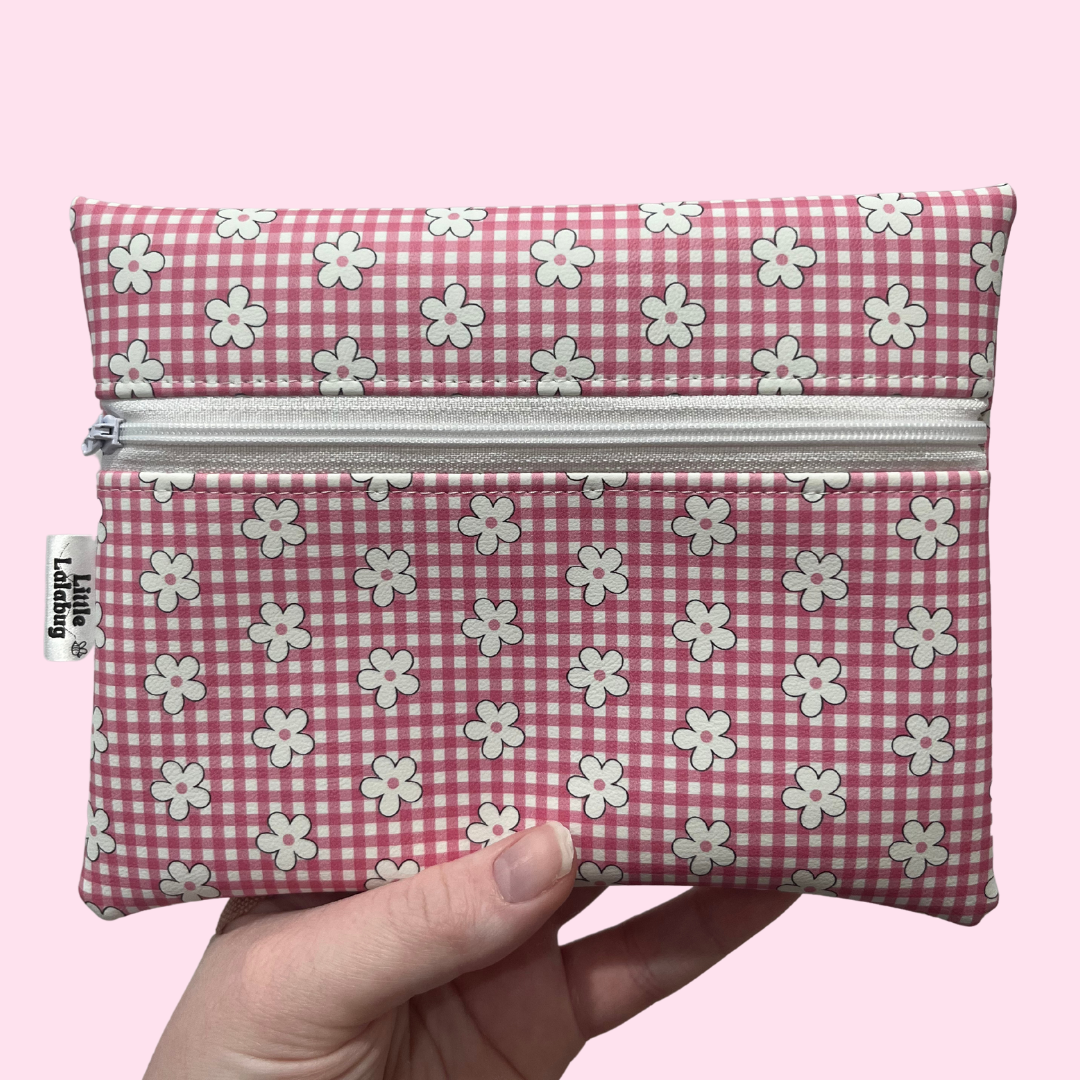 Daisy Pink Gingham Faux Leather Pouch Small