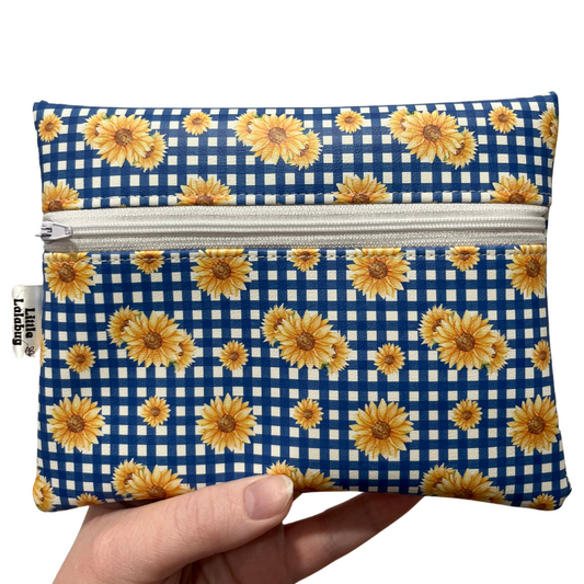 Blue Gingham Sunflower Faux Leather Pouch Small