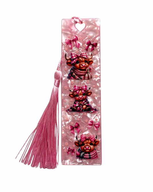 Pink bows highland cow acrylic bookmark