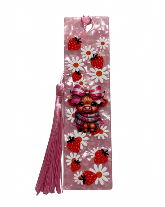 Strawberry highland cow acrylic bookmark