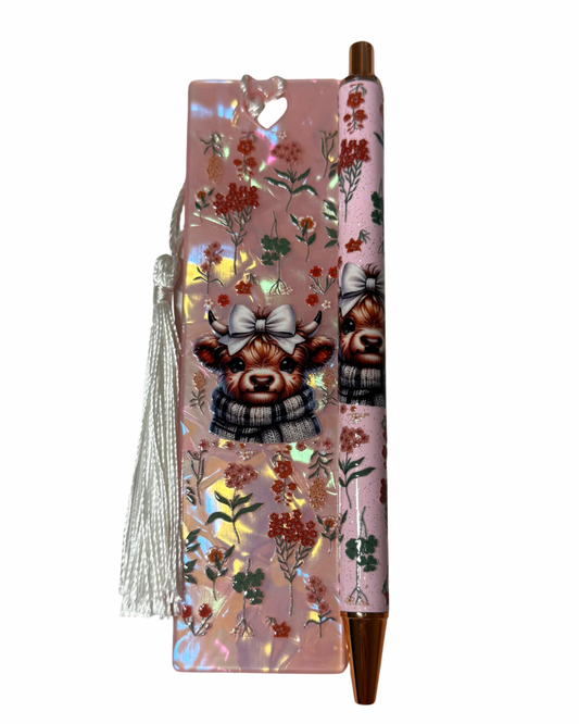 Pink highland cow pen and bookmark bundle