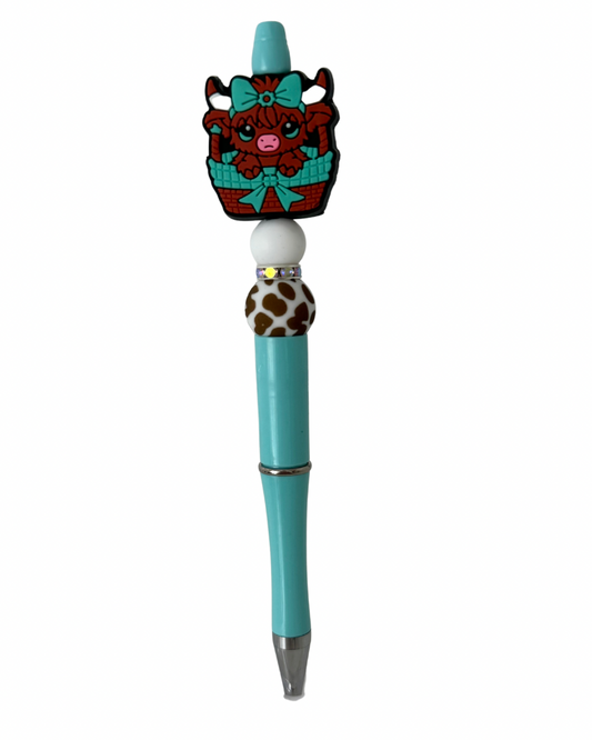 Teal highland cow beaded pen
