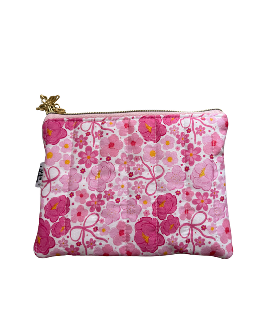 Pink Floral Bows Small Quilted Pouch